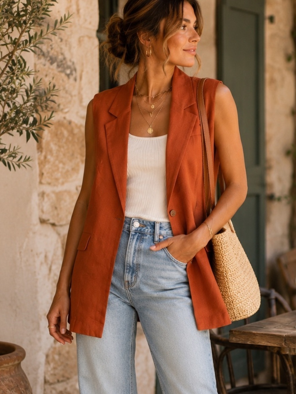 Evereve Cali Orange Rust Longline Women’s Linen Blend Blazer Vest Sz M